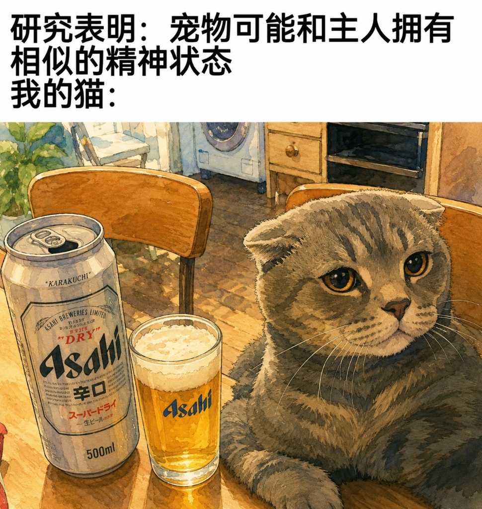 一只眼神空洞、略带忧郁的灰色条纹猫坐在一张木质吧台桌前，旁边放着一罐500毫升的Asahi辛口啤酒和一杯倒满、带有丰富泡沫的啤酒，画面呈现温暖厚重的复古水彩风格。